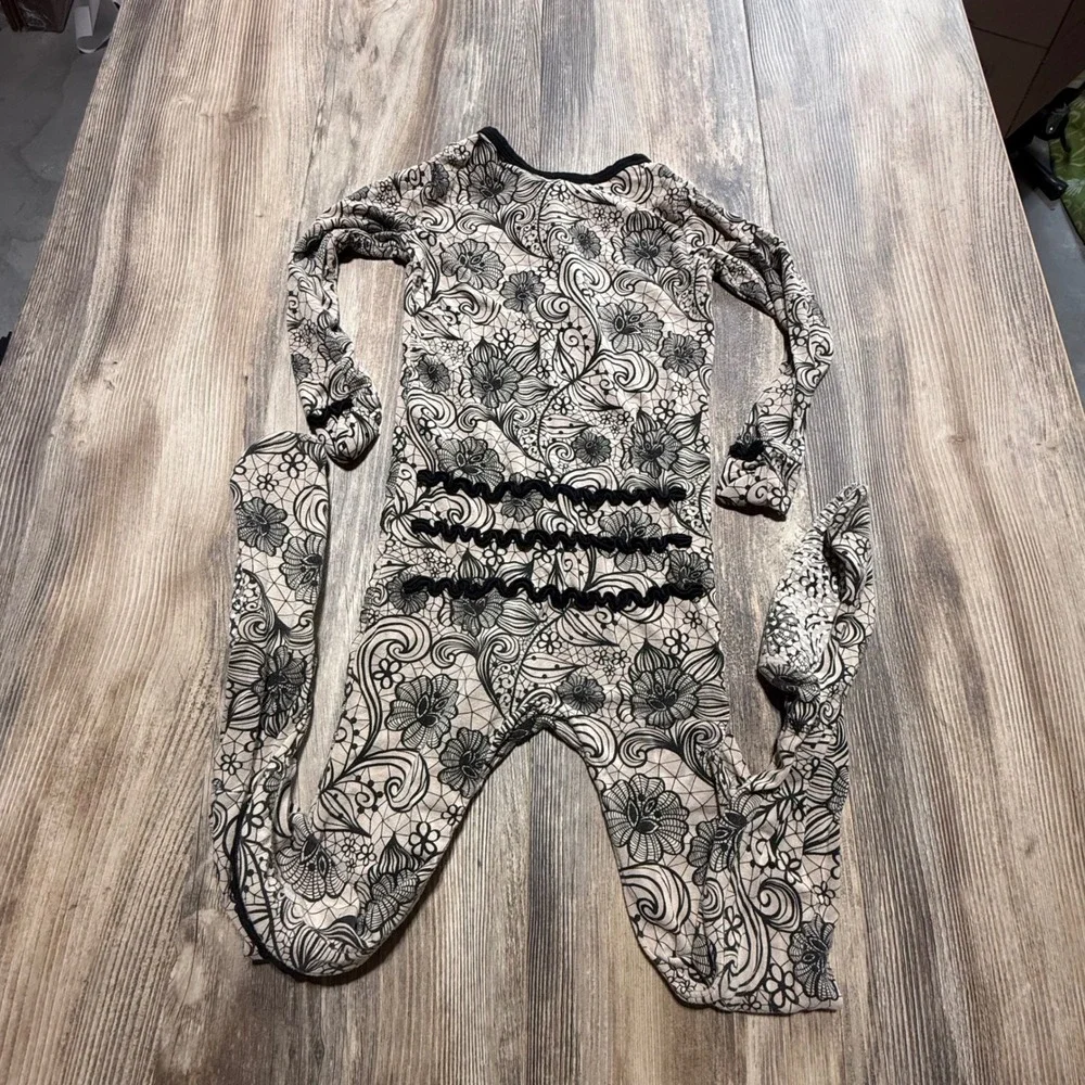 KicKee Pants Kids 4T Bamboo Footie Pajamas Black Lace Floral Print Ruffle